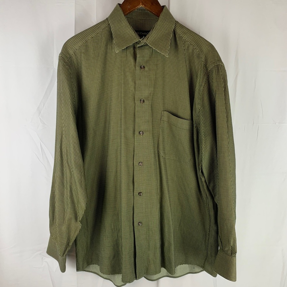 St. Croix Button Up Shirt Mens XL Olive‎ Green Micro Check Cotton Made in Italy